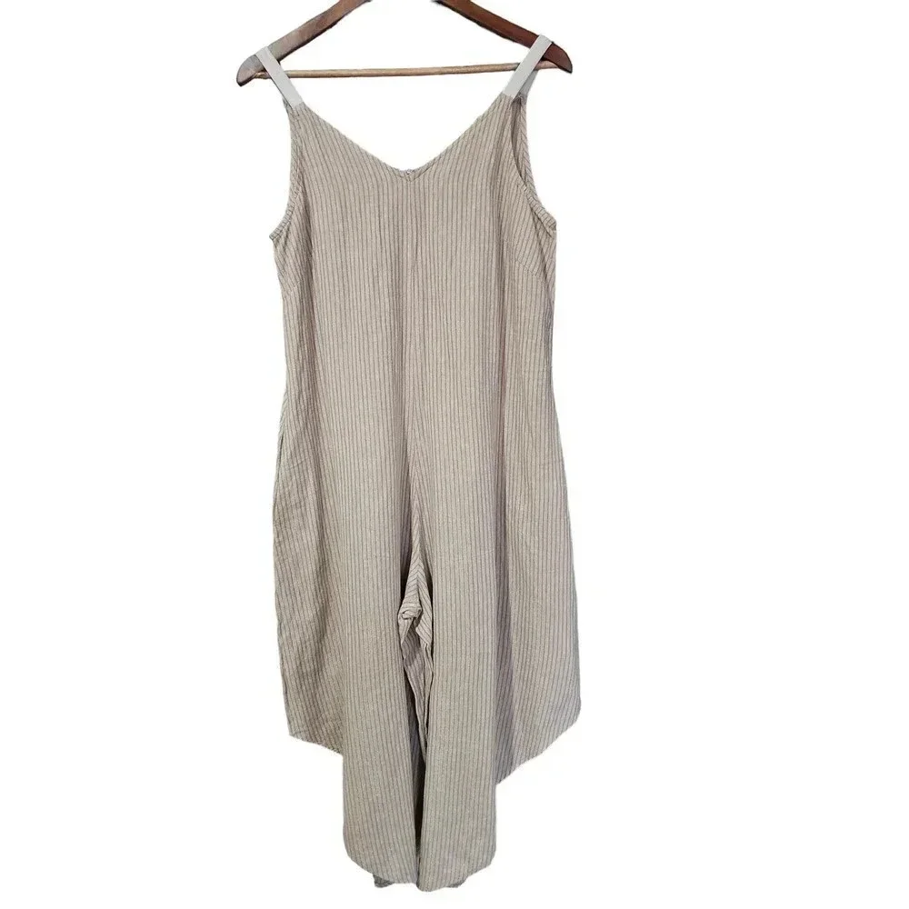 Everlily Stripe Lurex Linen Wide Leg Jumpsuit Khaki Size M - Picture 4 of 7